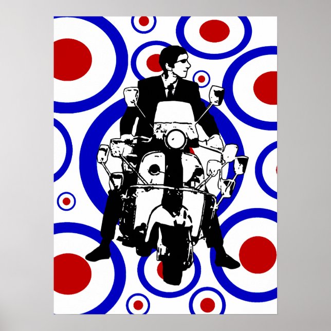 Póster Sexties Mod scooter boy en círculos retro (Frente)