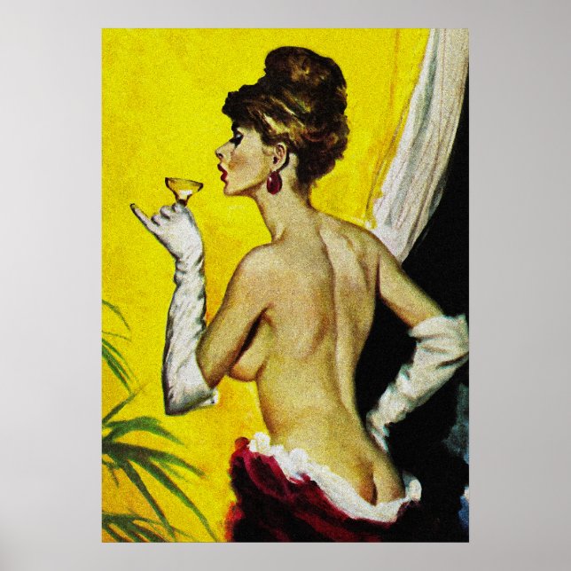 Póster Sexy Lady Bebiendo Vino Retro Tapa de Pulpa Art (Frente)