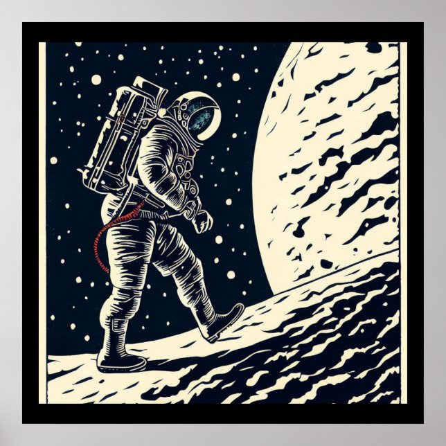 Póster SF - Astronauta en Spacewalk Woodcut 1 (Frente)