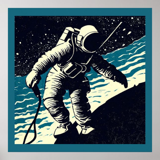 Póster SF - Astronauta en Spacewalk Woodcut 2 (Frente)
