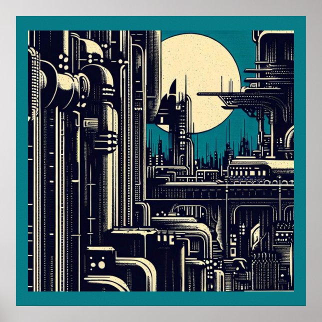 Póster SF Futurista City Woodcut 2 (Frente)