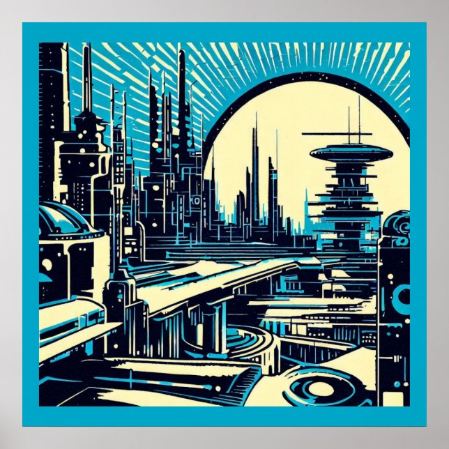 Póster SF Futurista City Woodcut 3 (Frente)