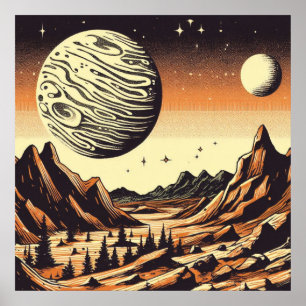 Póster SF Mars Landscape Woodcut 1