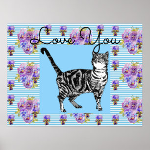 Póster Shabby Chic Blue Stripe Tabby Cat Love Heart