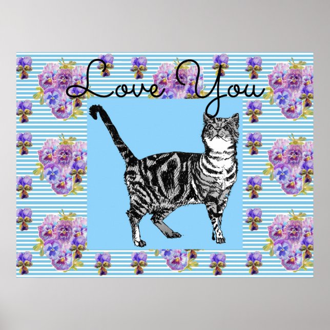 Póster Shabby Chic Blue Stripe Tabby Cat Love Heart (Frente)