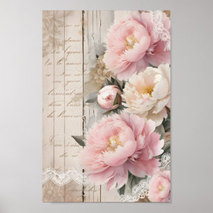 Póster Shabby Chic Decoupage Peonies Wall Art