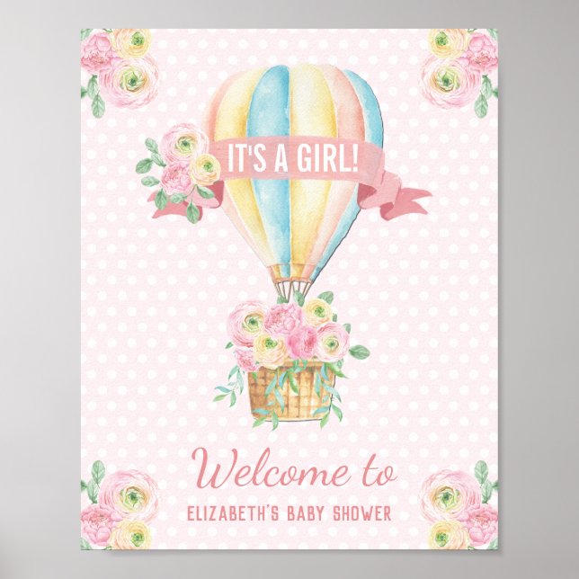 Póster Shabby Chic Hot Air Balloon Pink Floral Shower (Frente)
