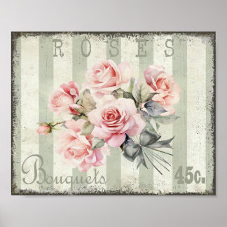 Póster Shabby Chic Rubor Rose Bouquets Sage Green Poster