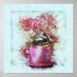 Póster Shabby Chic Violets Lilac Cup Saucer