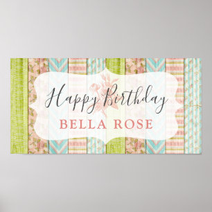 Póster Shabby Cottage Rosa Niña Rosa Feliz cumpleaños