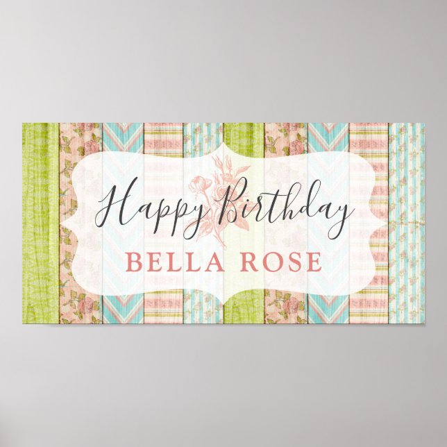 Póster Shabby Cottage Rosa Niña Rosa Feliz cumpleaños (Frente)