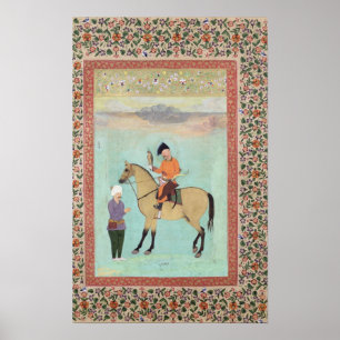 Póster Shah Abbas en un caballo que sostiene un halcón