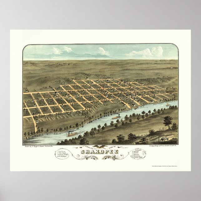 Póster Shakopee, MN Mapa Panorámico - 1869 (Frente)