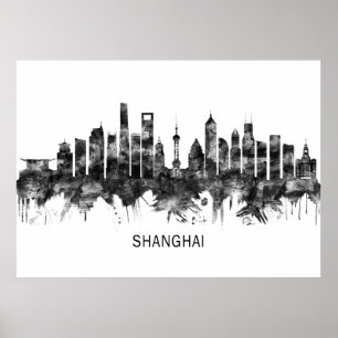 Póster Shanghai China Skyline BW