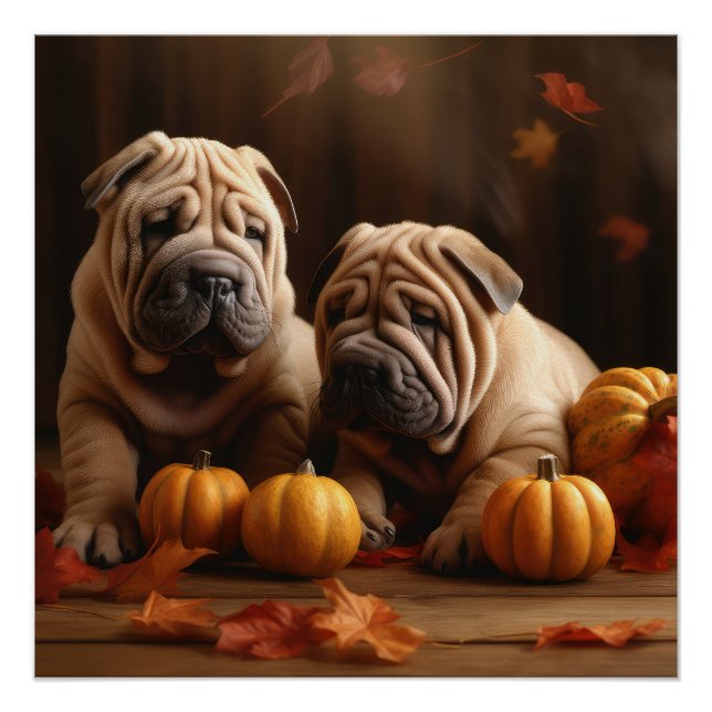Póster Shar Pei Puppy Calabaza deslumbrante de otoño (Anverso)