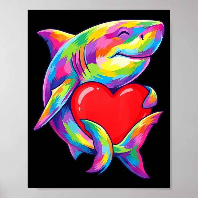 Póster Shark Hugging Valentine Heart Color Critters Rainb (Frente)