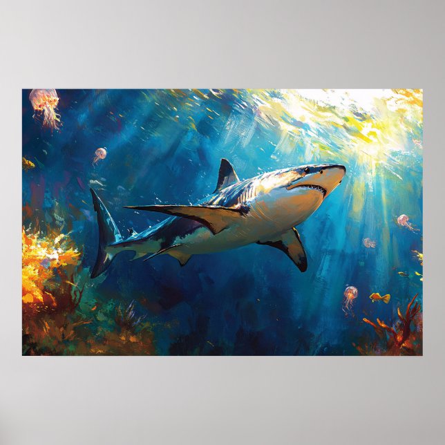Póster Shark Underwater Surrounded by Jellyfish (Frente)