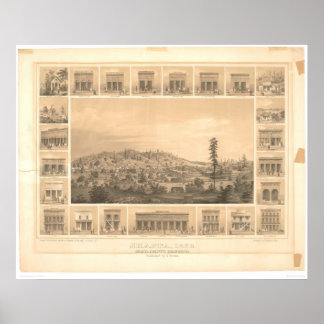 Póster Shasta, California. Mapa panorámico 1856 (1612A)