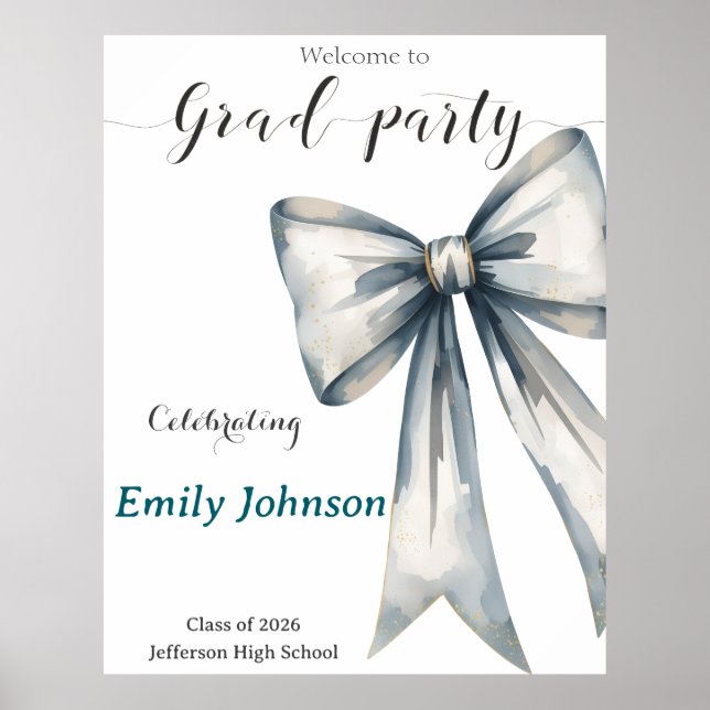 Póster She did it Graduation invitation Photo Blue Bow  (Frente)