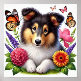 Póster Sheepdog de Shetland con flores y mariposas
