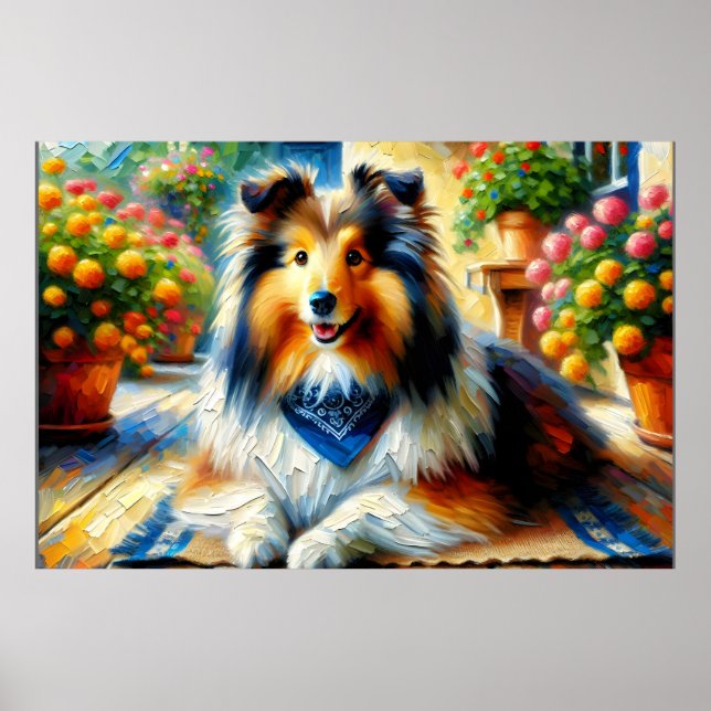 Póster Sheepdog de Shetland en la escena del Jardín de la (Frente)