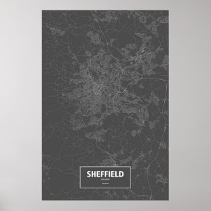 Póster Sheffield, Inglaterra (blanco sobre negro)