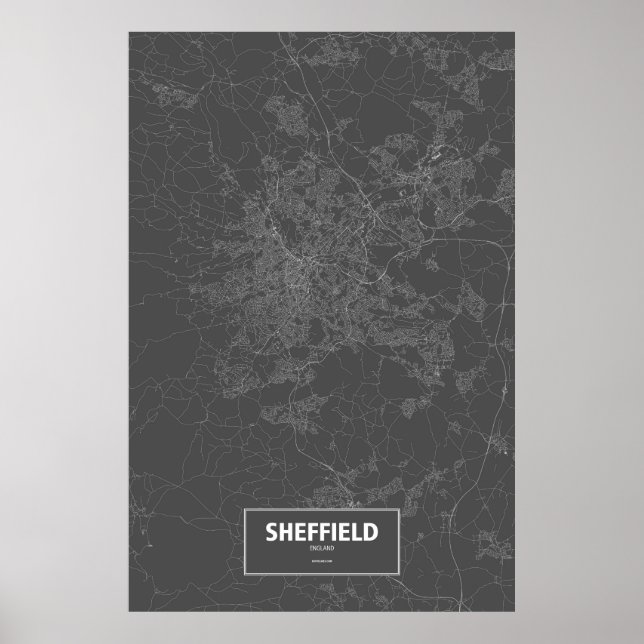 Póster Sheffield, Inglaterra (blanco sobre negro) (Frente)