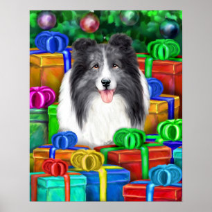 Póster Sheltie Navidad Regalos Abiertos Bi Azul