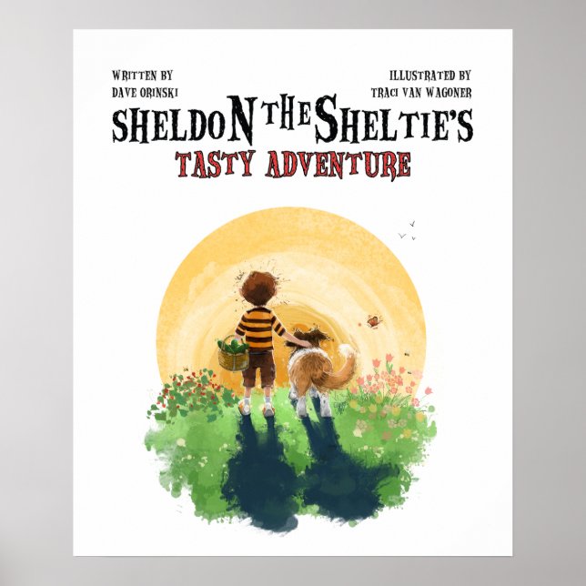 Póster Sheltie Perro y niño caminan al atardecer (Frente)