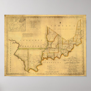 Póster Shelton y el mapa de Kensett del estado de Indiana