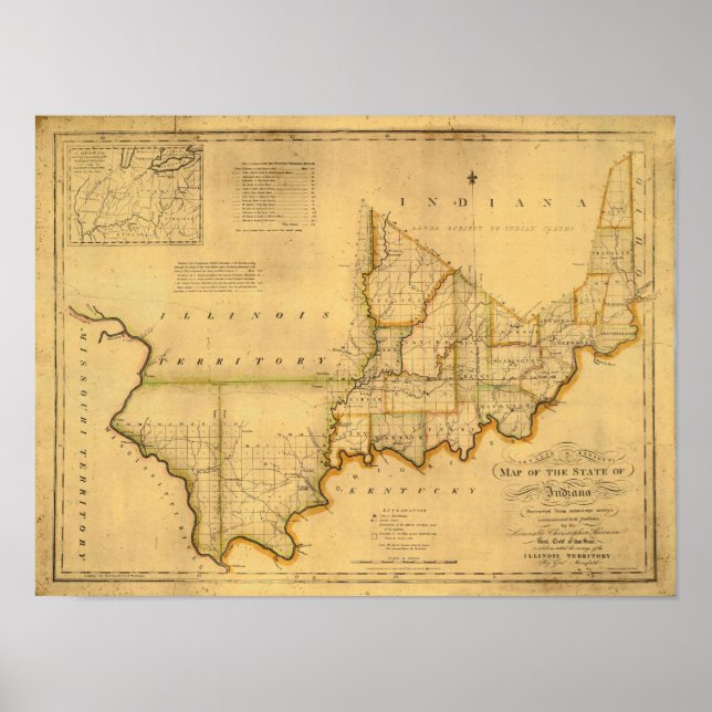 Póster Shelton y el mapa de Kensett del estado de Indiana (Frente)