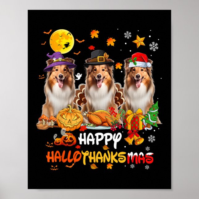 Póster Shetland Sheepdog Dog Happy Halloween Acción de Gr (Frente)