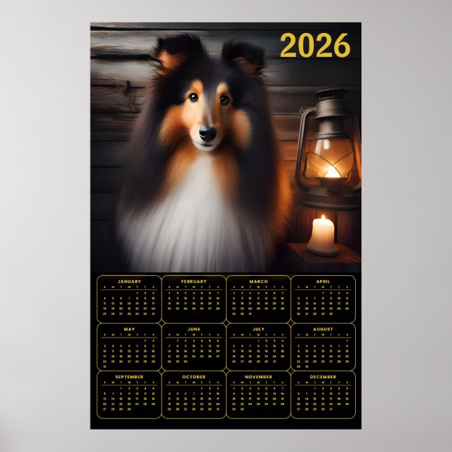 Póster Shetland Sheepdog Lantern Glow Rustic Dog Calendar (Frente)
