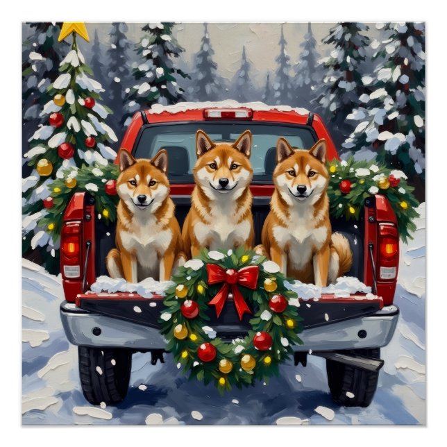 Póster Shiba Inu Christmas Red Truck Holiday (Anverso)