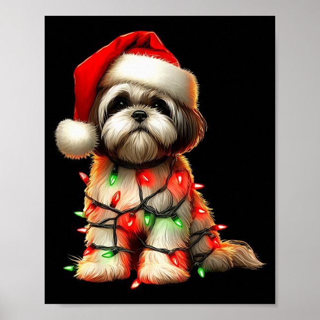 Póster Shih Tzu Dog Christmas Lights Santa Hat Dog Lover  (Frente)