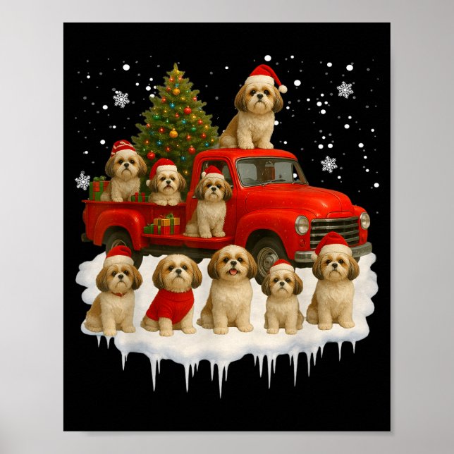 Póster Shih Tzu Dog Red Truck Christmas Tree Santa Ugly X (Frente)