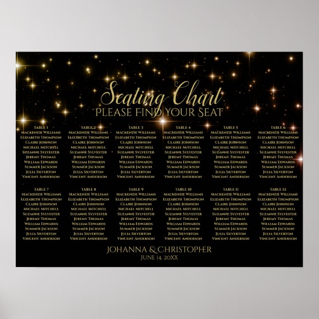 Póster Shimmering Sparkles 12 Table Wedding Seating Chart (Frente)