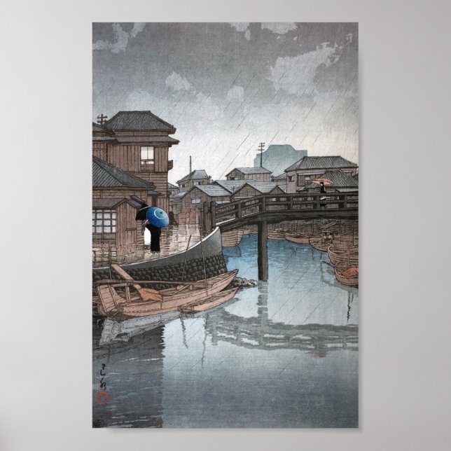 Póster Shinagawa en el Día de la Lluvia, Hasui Kawase, Wo (Frente)