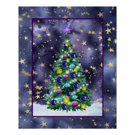 Póster Shiny Christmas tree with bright colored baubles