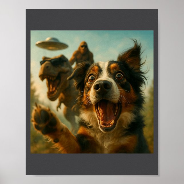 Póster Shocked Australian Shepherd Dog T-rex Bigfoot Ufo  (Frente)