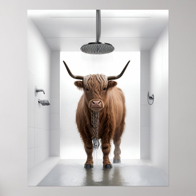Póster Shower Highland Cow Baño de baño Poster de impresi (Frente)