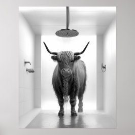 Póster Shower Highland Cow Bathroom Black and White