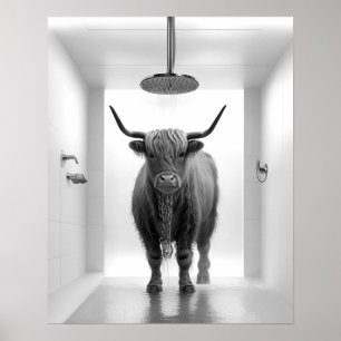 Póster Shower Highland Cow Bathroom Black and White