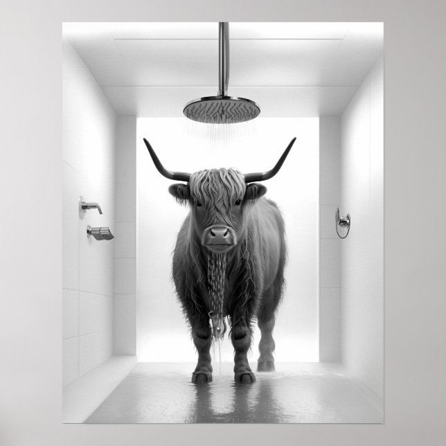 Póster Shower Highland Cow Bathroom Black and White (Frente)