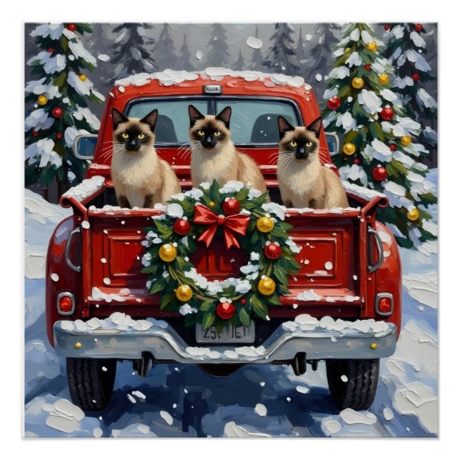 Póster Siamese Cat Christmas Red Truck Holiday (Anverso)