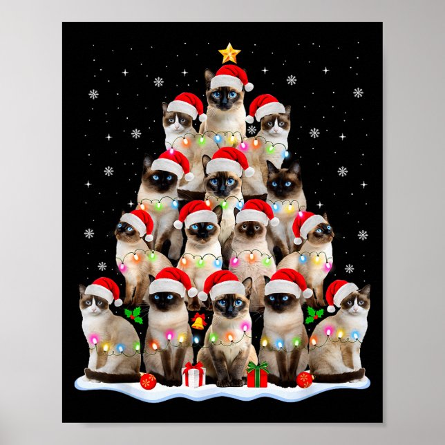 Póster Siamese Cat Christmas Tree Lights Xmas Catmas Cat  (Frente)