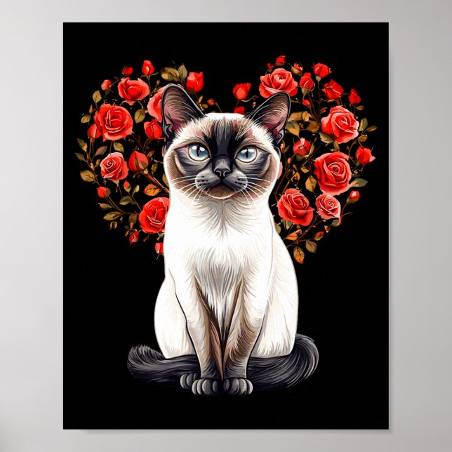 Póster Siamese Cat Lover Floral Heart Valentines Day  (Frente)