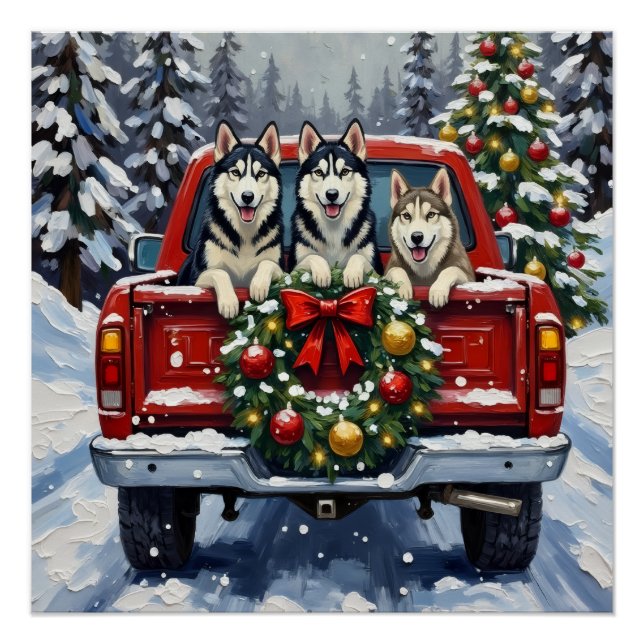 Póster Siberian Husky Christmas Red Truck Holiday (Anverso)