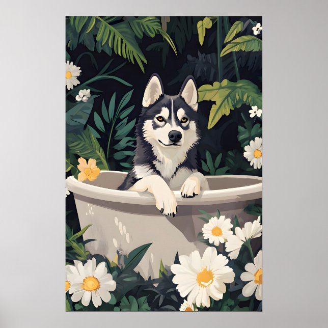 Póster Siberian Husky In Bathtub Poster, Funny Dog (Frente)