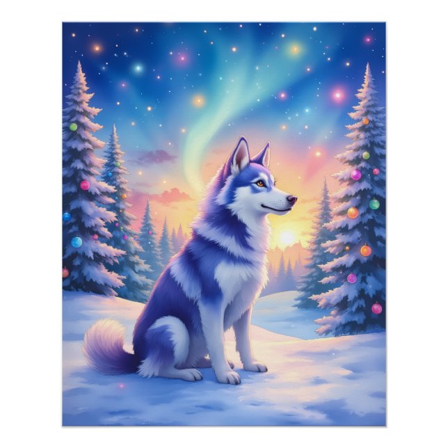 Póster Siberian Husky Northern Lights Christmas Winter (Anverso)